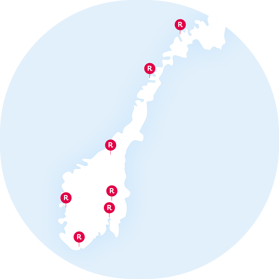 Kart over Riksrevisjonens kontorer i Norge.