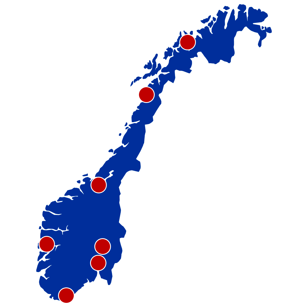 Norgeskart som viser hvor Riksrevisjonen har kontorer: Oslo, Bergen, Bodø, Hamar, Kristiansand, Tromsø og Trondheim.