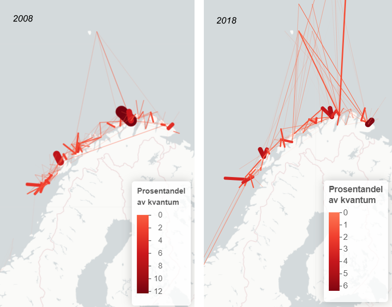 To kart over Nord-Norge viser viser hvor fiskefartøyene i gruppen «stor kyst» fisket og landet fangsten i 2008 og 2018. 