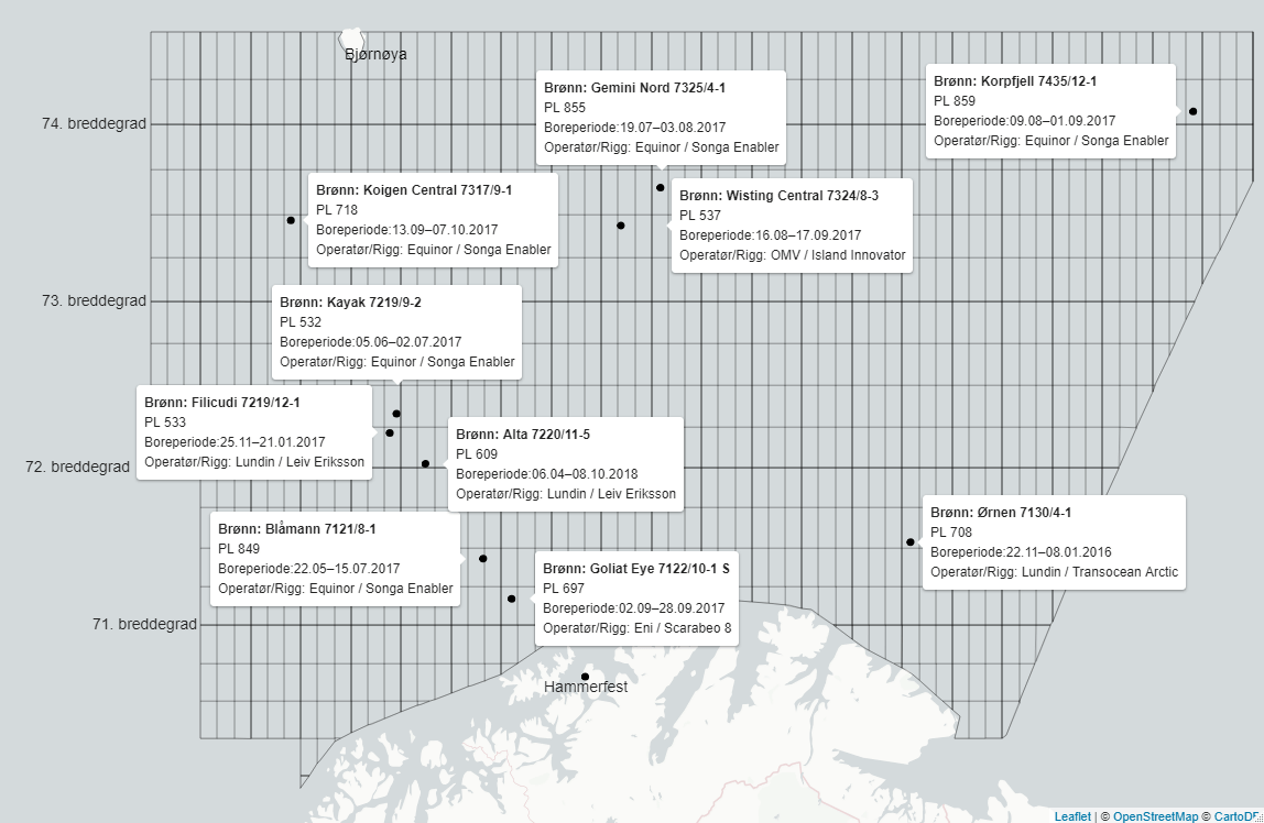 Kartet viser hvor letebrønnene som er valgt ut for saksmappegjennomgangen er plassert. Brønnene er Blåmann (boret i 2017), Filicudi (boret i 2017), Kayak (boret i 2017), Koigen central (boret i 2017), Goliat Eye (boret i 2017), Alta (boret i 2018), Gemini nord (boret i 2017), Wisting central (boret i 2017), Korpfjell (boret i 2017) og Ørnen (boret i 2015 og 2016). 