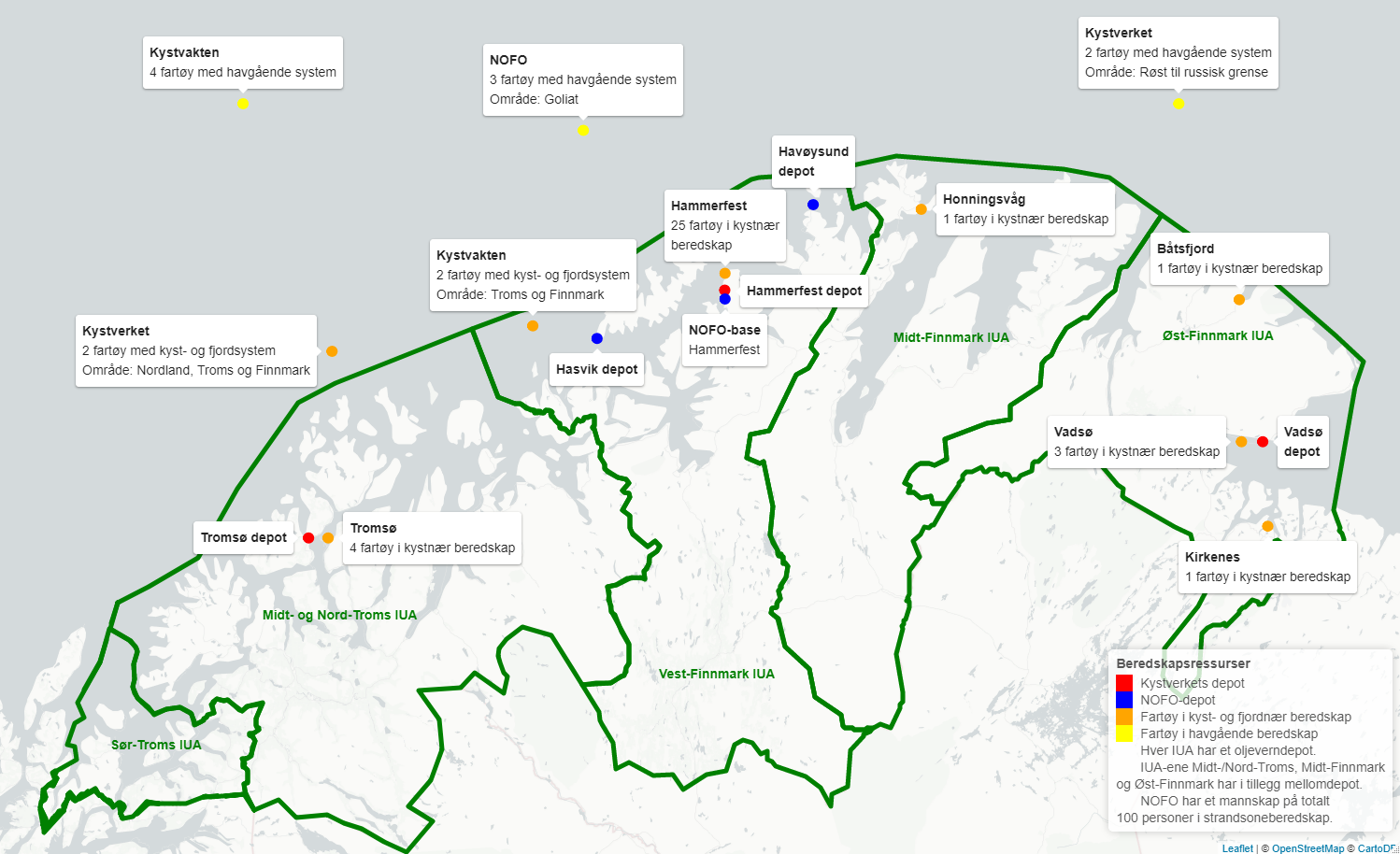 Kartet viser plasseringen av oljevernressurser i form av depoter, baser og fartøy. I Troms det ett depot i Tromsø og fire fartøy i kystnær beredskap. I Vest-Finnmark er det depoter i Hasvik, Havøysund og Hammerfest, en NOFO-base i Hammerfest og 25 fartøy i kystnær beredskap. I Midt-Finnmark er der ett depot i Honningsvåg. I Øst-Finnmark er det depoter i Båtsfjord, Kirkenes og Vadsø og til sammen fem fartøy i kystnær beredskap. IUA-ene i Troms og Finnmark har i tillegg mellomdepot. Kystverket har videre to fartøy med oljevernutstyr for kyst- og fjord som dekker området Nordland, Troms og Finnmark. Kystvakten har to fartøy med kyst- og fjordsystem som dekker området Troms og Finnmark. NOFO har et mannskap på totalt 100 personer i strandsoneberedskap. Kystverket har to fartøy med havgående oljevernsystem som dekker området Røst til grensen mot Russland. Kystvakten har fire fartøy med havgående system. NOFO har tre fartøy med havgående system i området rundt Goliat. 