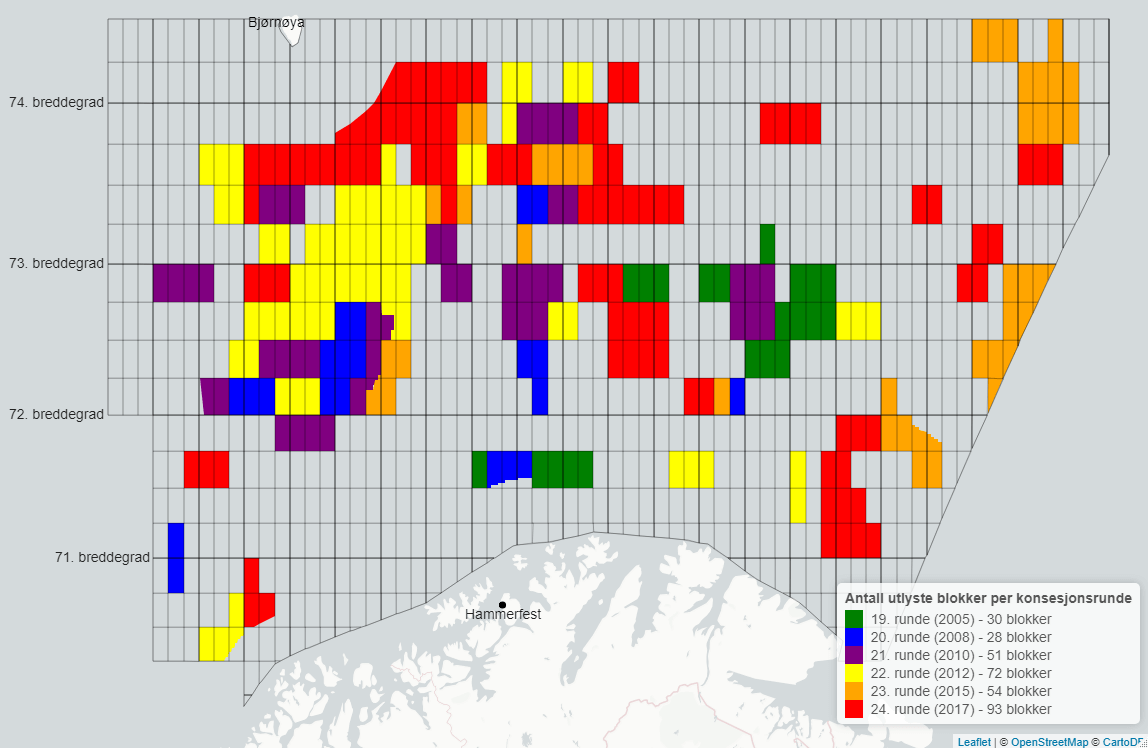 Kartet viser den geografiske fordelingen av blokker som er lyst ut for petroleumsvirksomhet i de nummererte konsesjonsrundene. I 19. konsesjonsrunde i 2005 var det 30 blokker, i 20. konsesjonsrunde i 2008 var det 28 blokker, i 21. konsesjonsrunde i 2010 var det 51 blokker, i 22. konsesjonsrunde i 2012 var det 72 blokker, i 23. konsesjonsrunde i 2015 var det 54 blokker og i 24. konsesjonsrunde i 2017 var det 93 blokker. I 23. konsesjonsrunde var mange av blokkene lengst øst og nord, i 24. konsesjonsrunde lå flere av blokkene nær Bjørnøya.