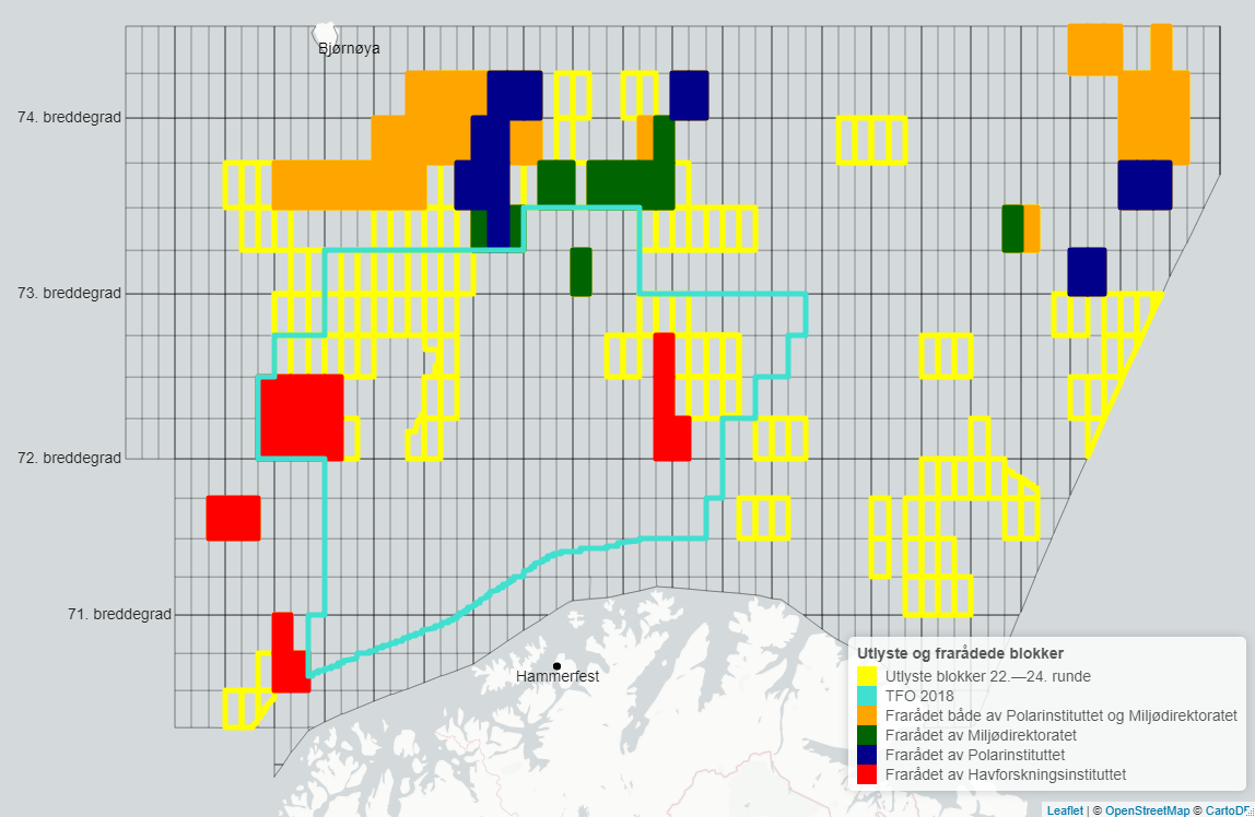 Kartet viser plasseringen av de utlyste blokkene hvor Havforskningsinstituttet, Polarinstituttet eller Miljødirektoratet har frarådet petroleumsaktivitet i de tre siste konsesjonsrundene. Havforskningsinstituttet har frarådet at enkelte blokker sør og sentralt i Barentshavet blir utlyst, samt noen blokker nær Eggakanten, sentralt i Barentshavet. Både Miljødirektoratet og Polarinstituttet har frarådet utlysning av blokker lengst nord-øst i Barentshavet og nær Bjørnøya. Polarinstituttet har i tillegg frarådet utlysning av enkelte blokker øst og nord i Barentshavet, mens Miljødirektoratet har frarådet utlysningen av tilgrensende blokk frarådet av Polarinstituttet nord i Barentshavet, og enkelte blokker som ligger mer sentralt i Barentshavet.